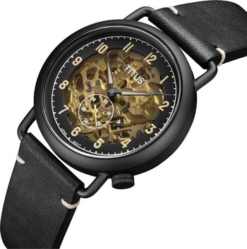 Exquisite三針自動機械皮革腕錶 